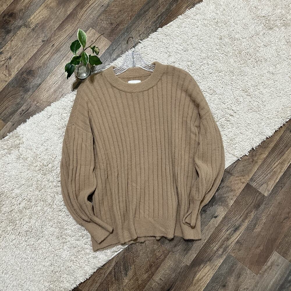 Aerie XS Oversized Brown Cozy Plush Ribbed Faux Fur Crewneck Pullover Sweater